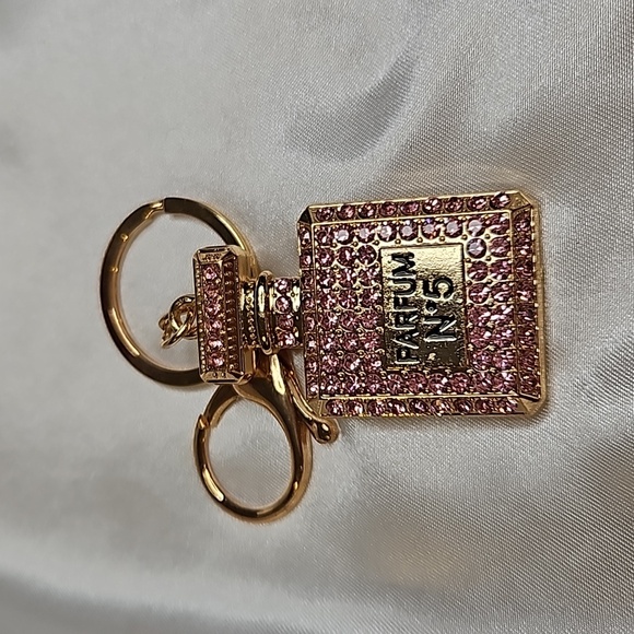 Keychain - Purse Hang Tag Pink Rhinestones Gold Tone - Picture 2 of 3